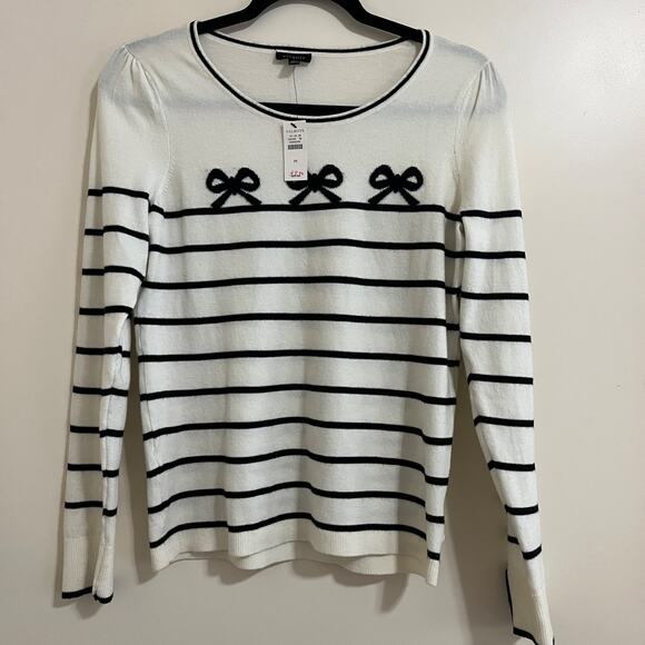 Talbots Womens Knit Sweater Sz M Striped Bows Puff Cottage Capsule Nautical Soft - Picture 1 of 8